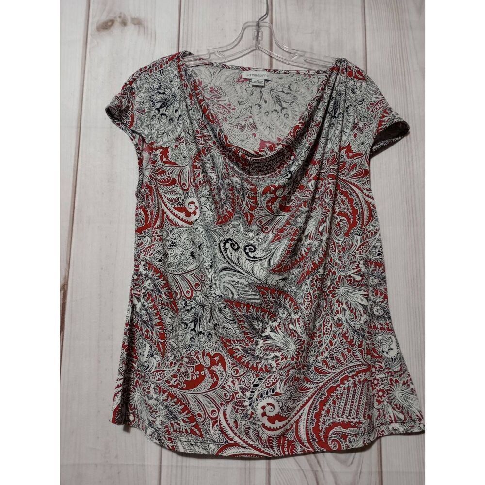 Liz Claiborne Shirt Ladies Extra Large Red Paisley Capped‎ Sleeve Crowl Neck